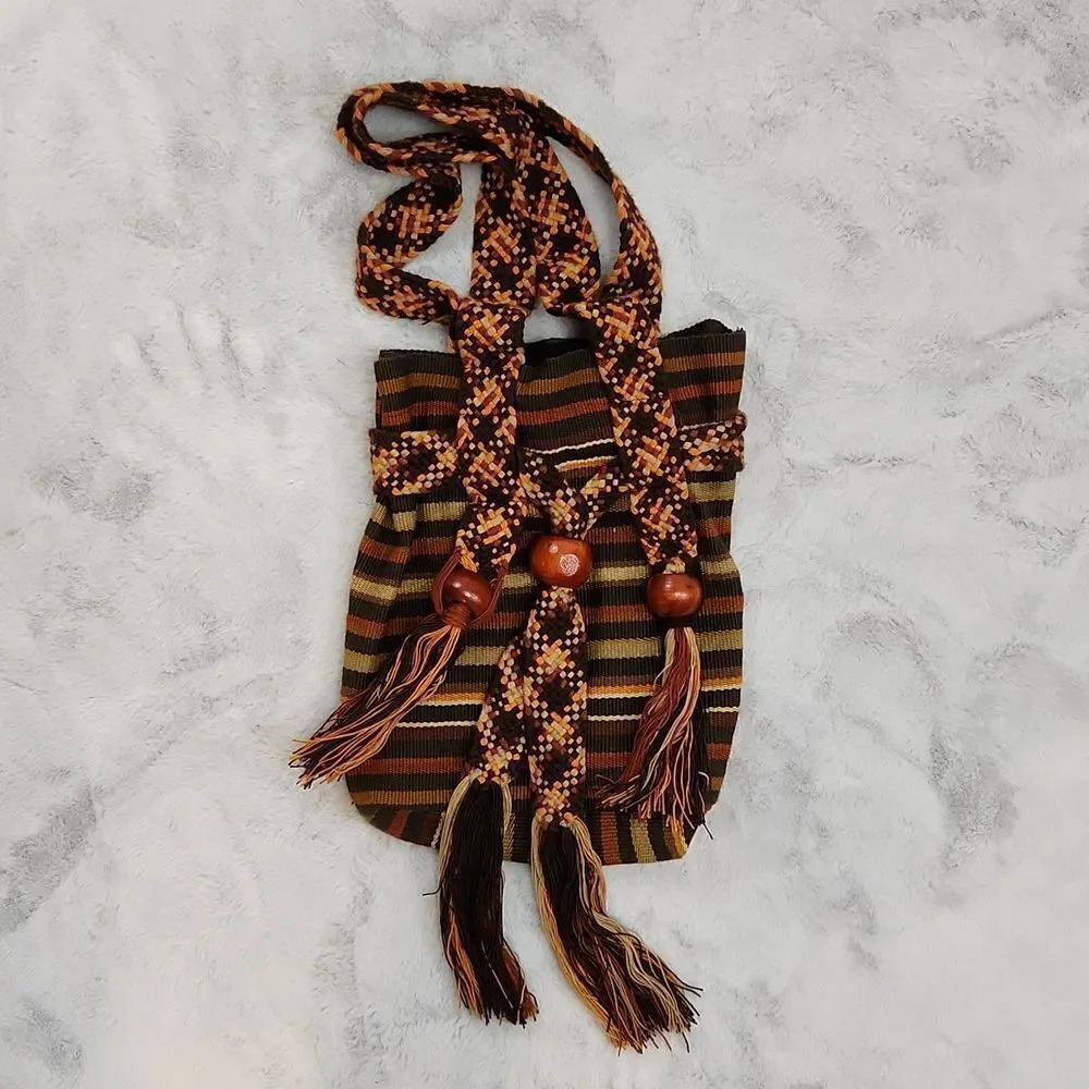 Handwoven Boho Woven Bucket Crossbody Bag Tribal Stripe Wood Bead Tassels - Picture 1 of 10